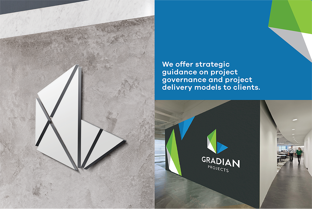 Gradian Projects branding logo and mockups