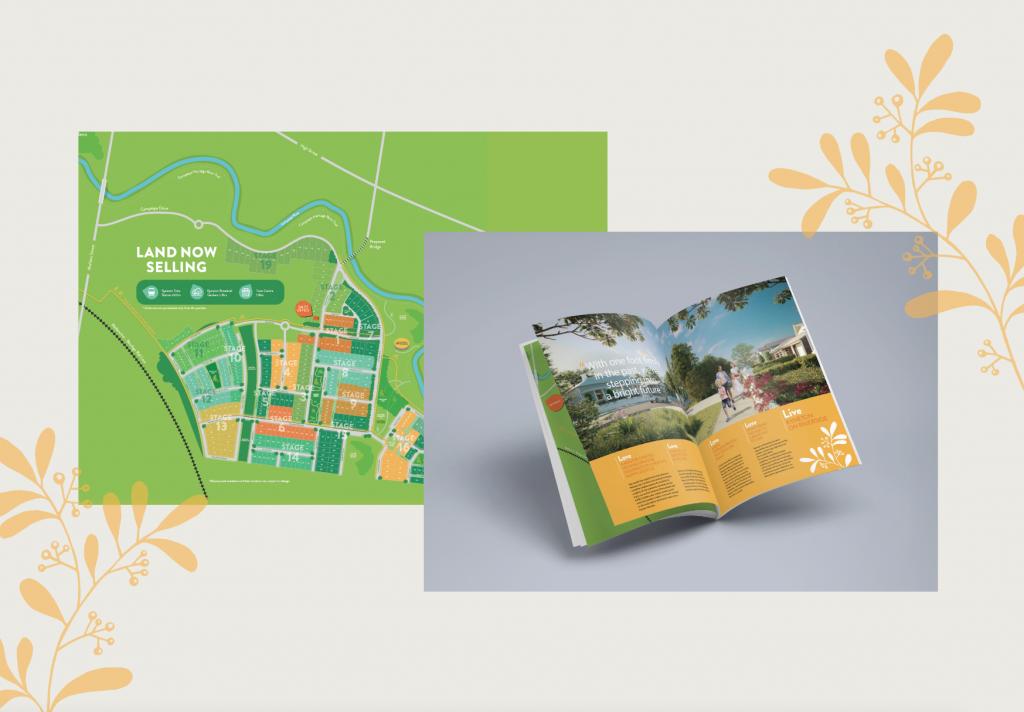 Kyneton on Riverside branding infographic and print design display