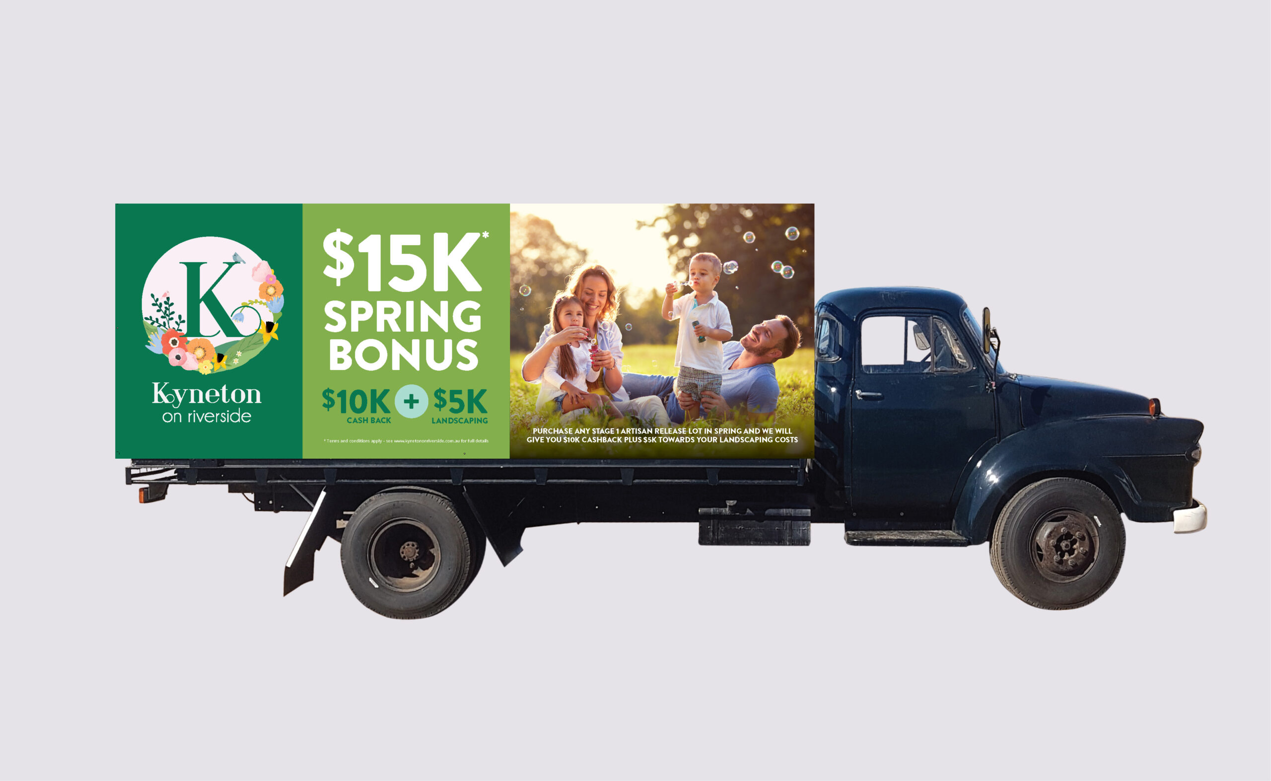 Kyneton on Riverside branding signage on truck mockup