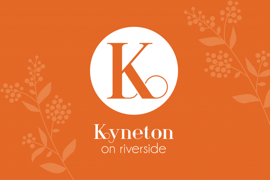 Kyneton on Riverside logo stacked on orange illustration background