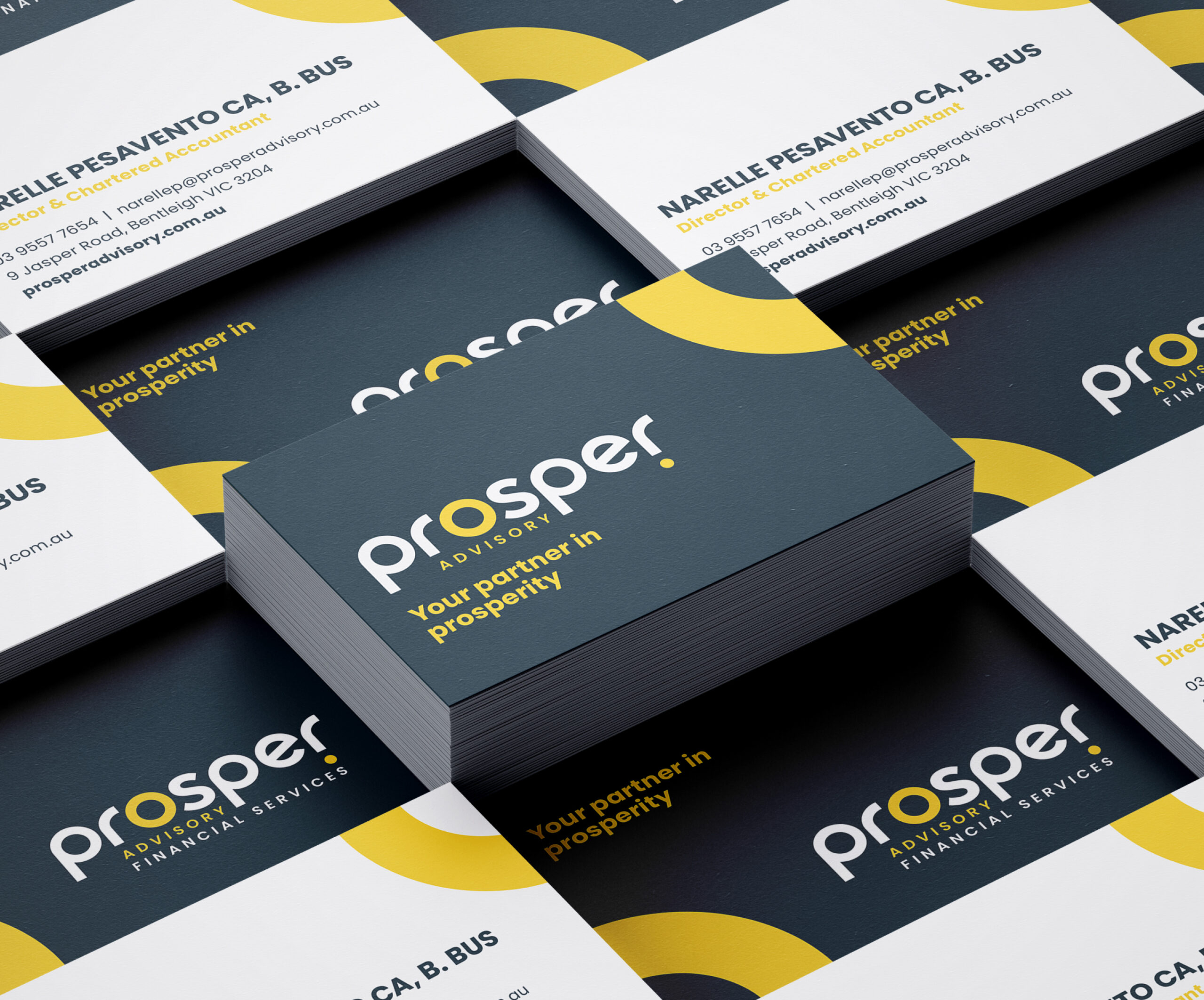 Prosper Advisory business cards stacked mockup