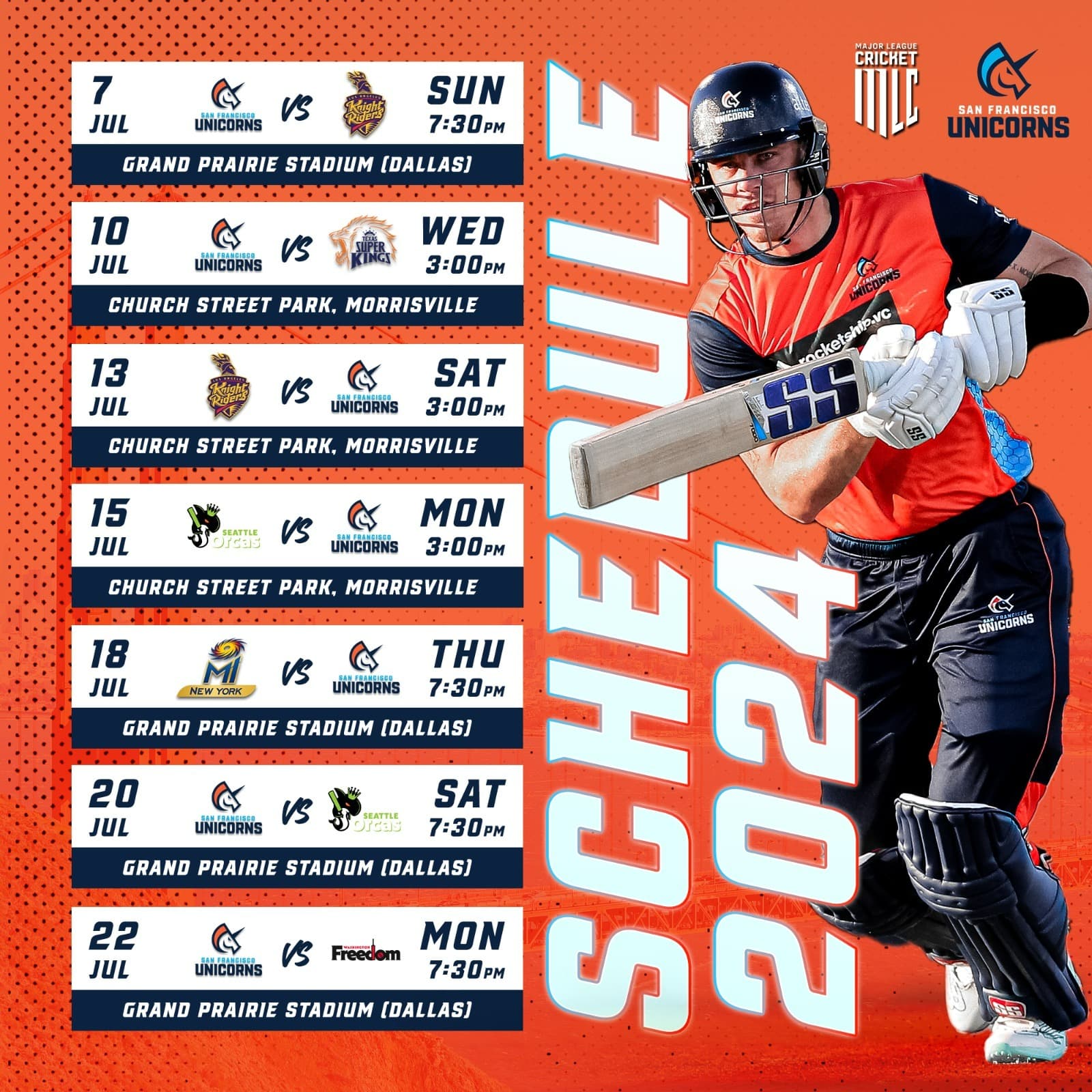San Francisco Unicorns MLC schedule season 2024
