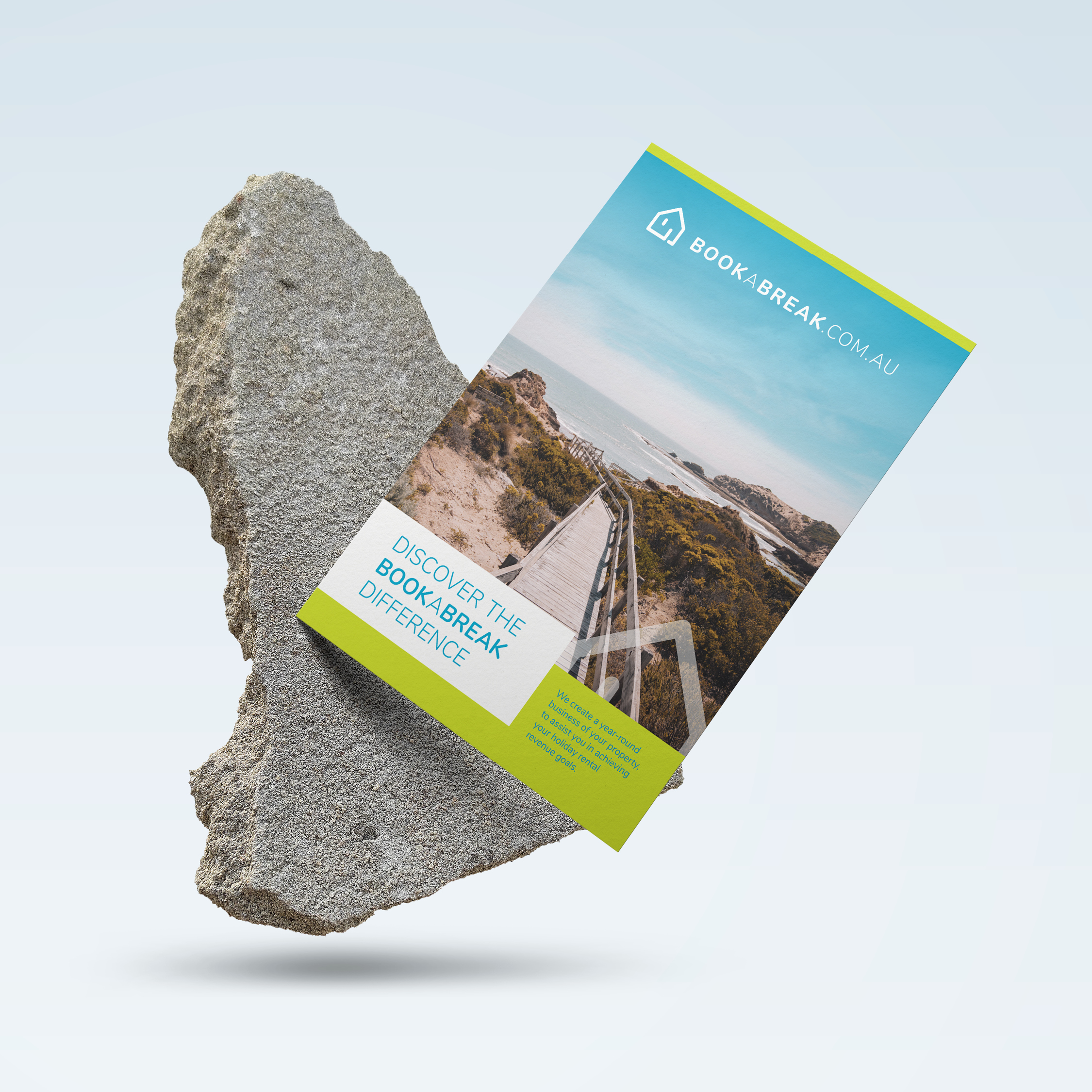 Book a Break Tourism Branding Brochure mockup on stone