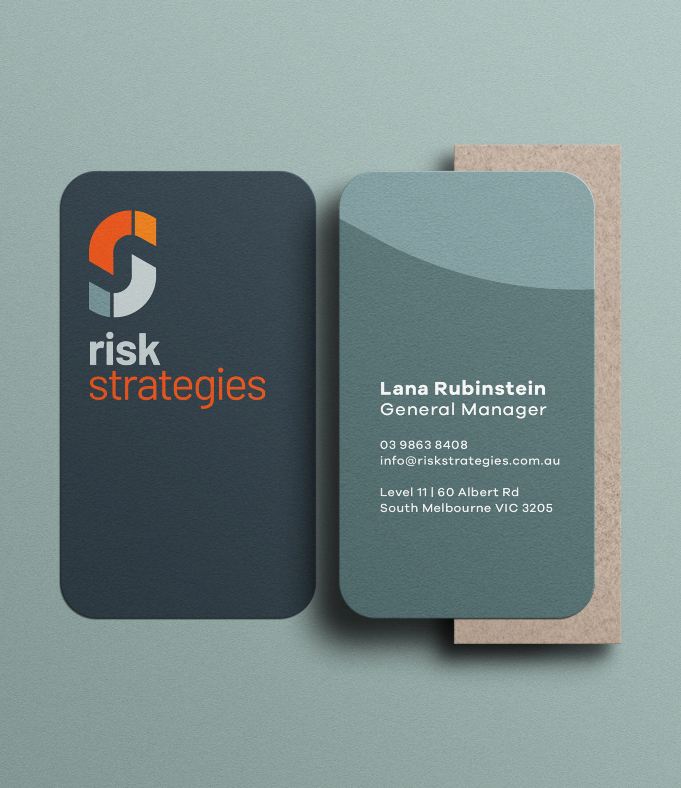 Risk Strategies Business card logo branding mockup on tile
