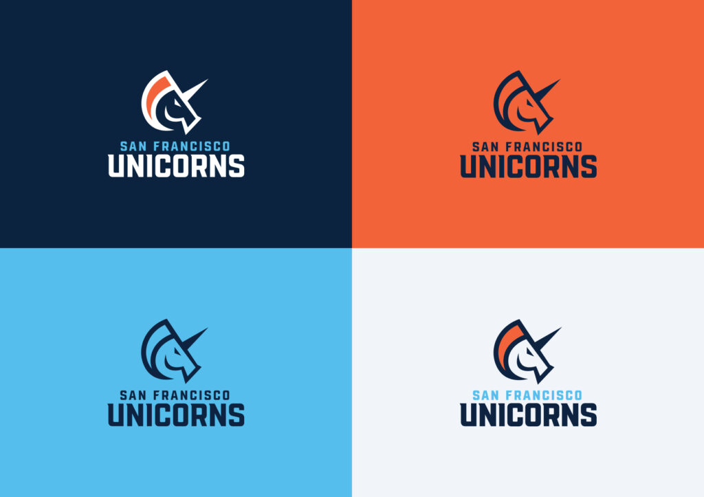 San Francisco Unicorns branding logo suite on brand colour backgrounds